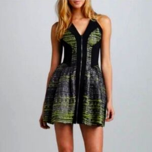 Women's Jaquard Zip Front Black Green A-Line Mini Formal New Years Dress Size 2